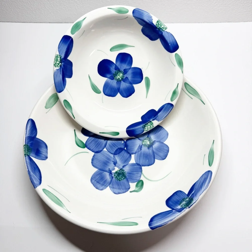 Pier 1 Italian Hand Painted Blue Floral Serving Bowl Set